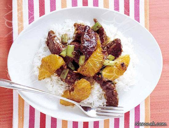 خوراک گوشت با سس پرتقال