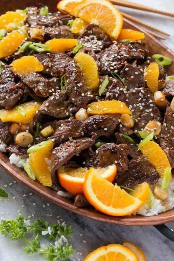 خوراک گوشت با سس پرتقال